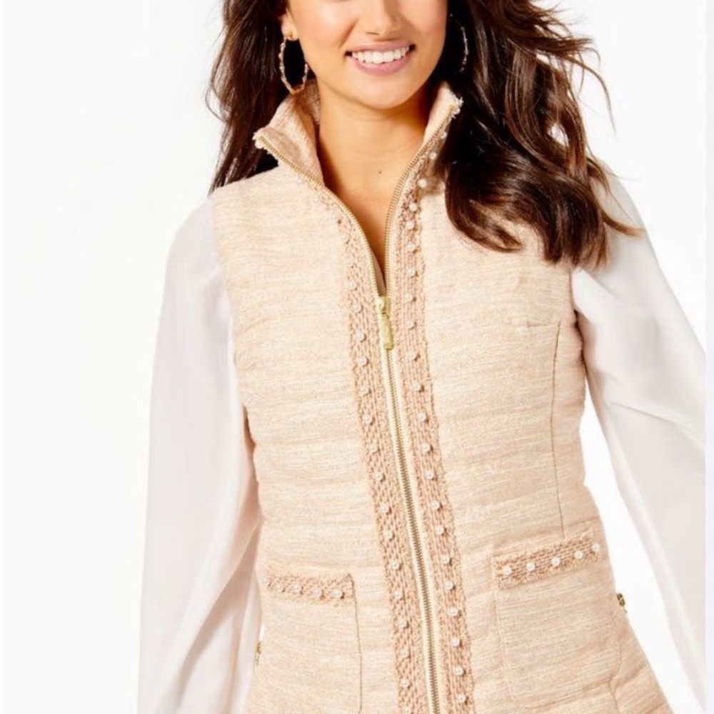Lilly Pulitzer Noella Vest in Latte, Pearl Accents, Gold Metallic thread - Picture 2 of 5